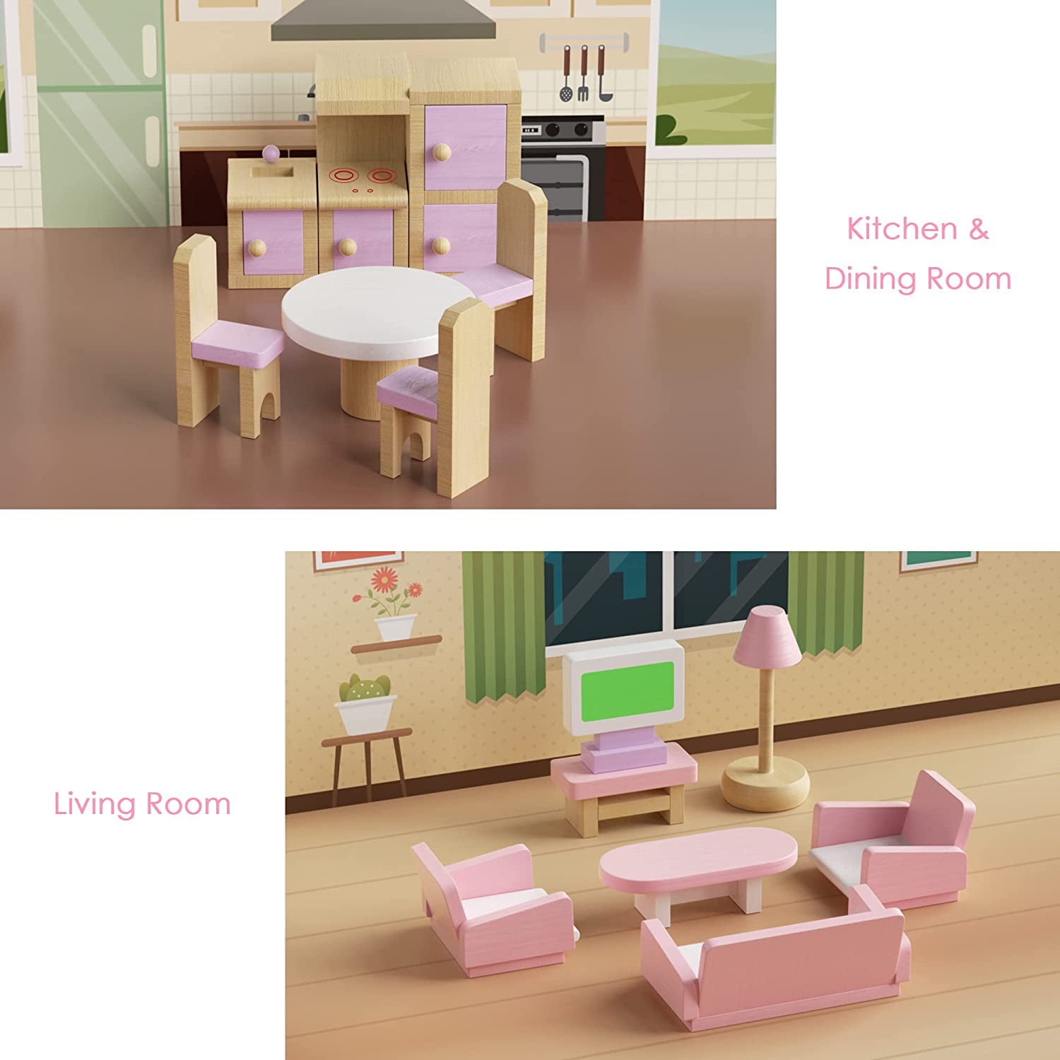 Wooden Dollhouse Furniture Set, 5 Room Kit 22 Piece Miniature Dollhouse Wood Furniture Accessories, Including Kitchen, Dining Room, Living Room, Bedroom, Bathroom for Playhouse Family Figures Play Toy