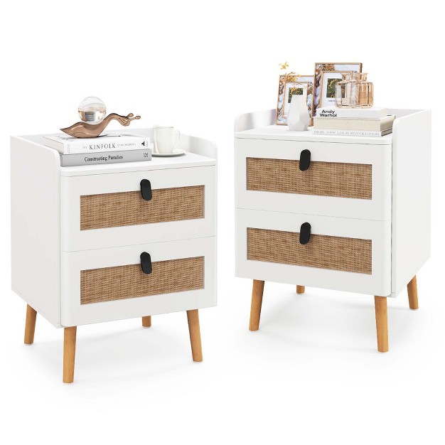 Costway Modern Nightstand End Bedside Table With 2 Rattan Drawers amp Solid Wood Legs White