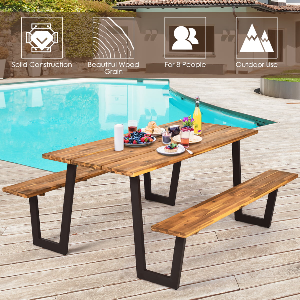 Costway Picnic Table with 2 Benches 70'' Dining Table Set with Seats and Umbrella Hole