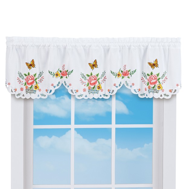 Collections Etc Embroidered Butterfly Bloom Scalloped Edge Window Valance White