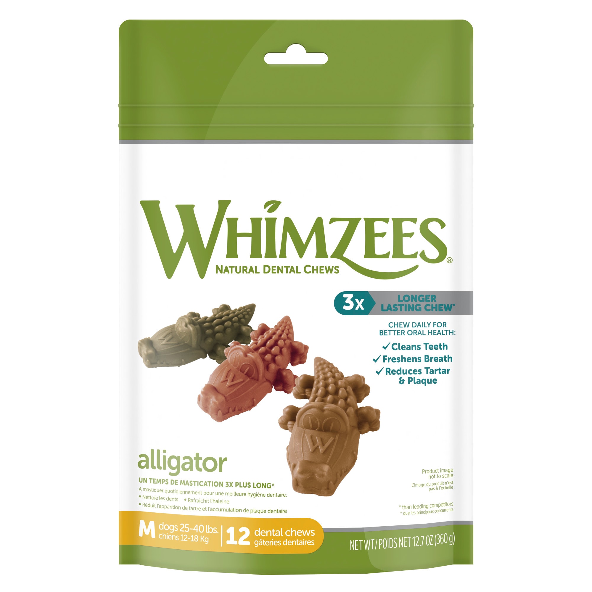 Whimzees Natural Grain Free Daily Dental Long Lasting Alligator Medium Dog Treats， 12.7 oz.