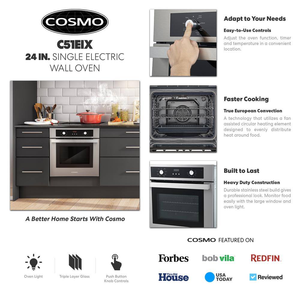 Cosmo 24 in. 2.5 cu. ft. Single Electric Wall Oven with 8 Functions and True European Convection in Stainless Steel C51EIX