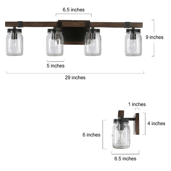 Kole Farmhouse 4-Light Wood Linear Bathroom Vanity Lights Mason Jars Wall Sconces