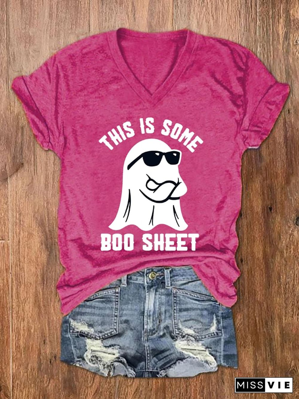 Women's Halloween This Is Some Boo Sheet Print V-Neck T-Shirt