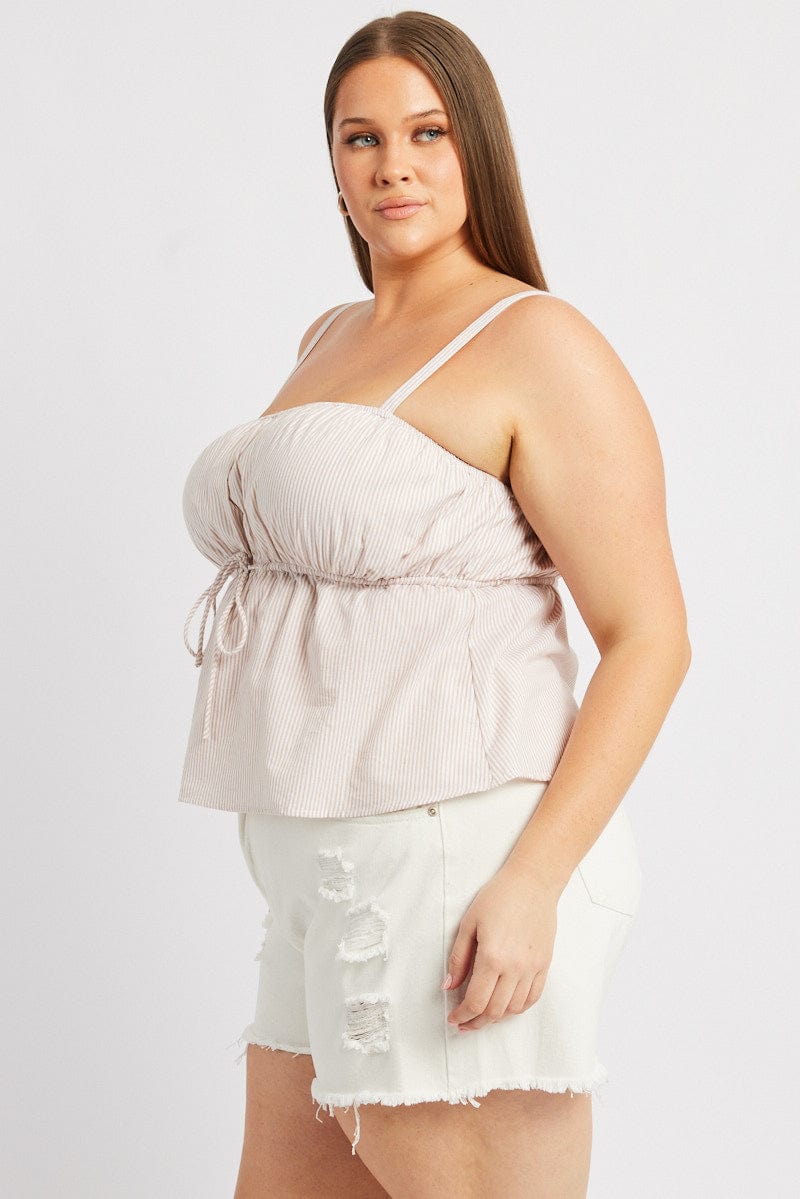 Beige Stripe Cami Top Sleeveless Gathered