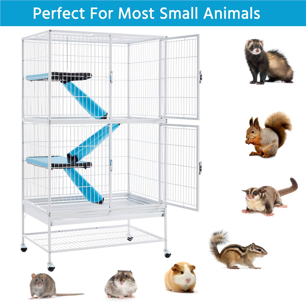 SmileMart 2-Story Rolling Metal Small Animal Cage for Adult Rats， Ferrets， Chinchillas and Guinea Pigs， Hammered White