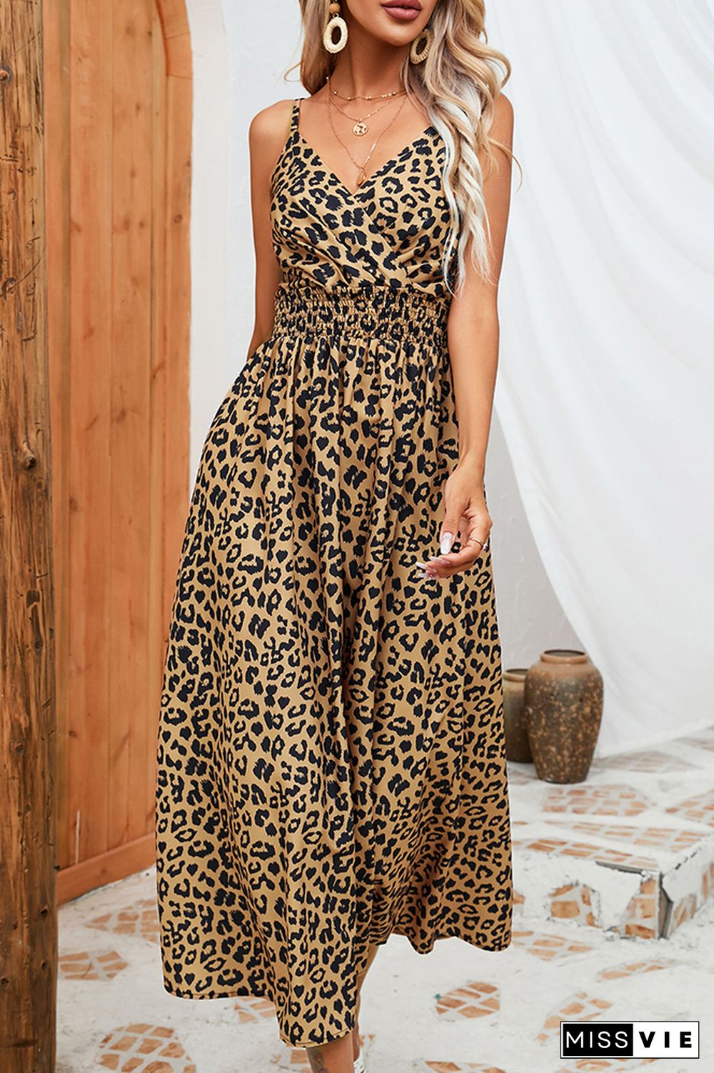 V Neck Leopard Smocked Waist Cami Maxi Dress