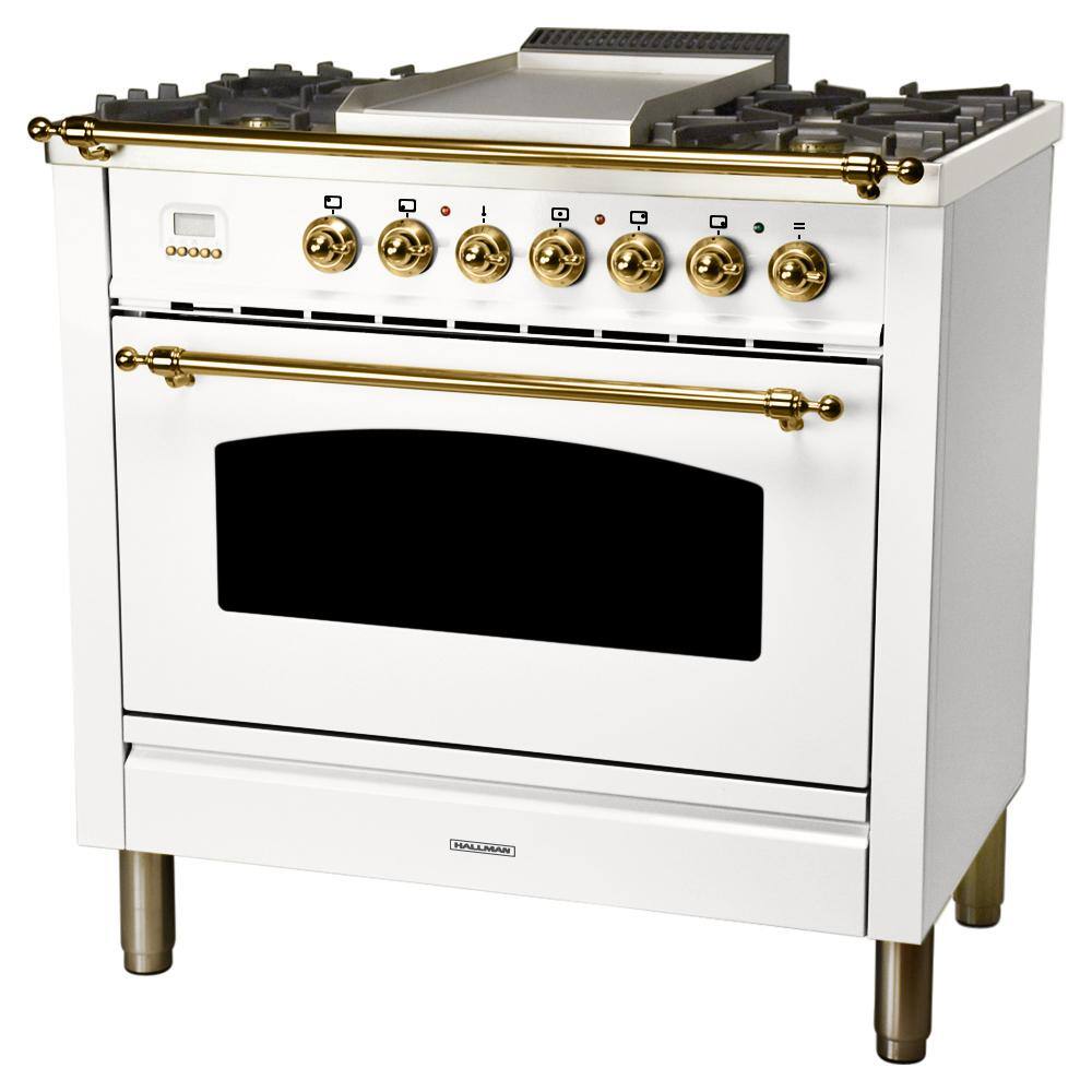 Hallman 36 in. 3.55 cu. ft. Single Oven Dual Fuel Italian Range True Convection 5 Burners Griddle LP Gas Brass Trim in White HDFR36BSWTLP