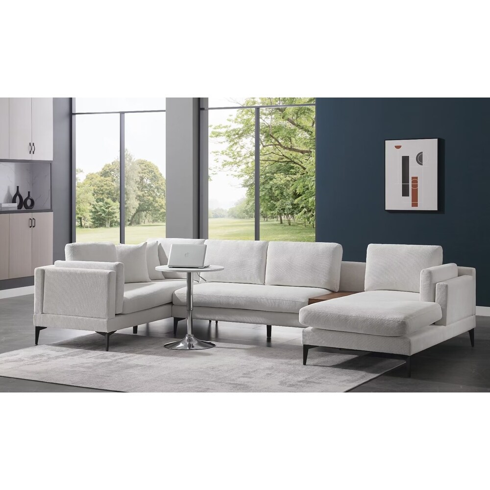 U Shape Linen Reversible Sofa with Built in Wooden Side Table，Multiple Combinations