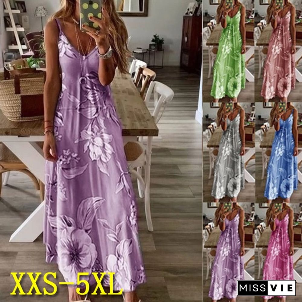 New Summer Women's Sleeveless U-Neck Letter Floral Print Dress Big Swing Skirt Gradient Vest Dress Loose Casual Long Dress Plus Size