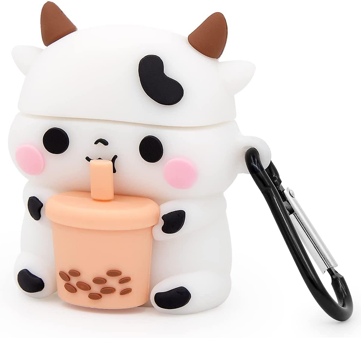 Cute Airpods Case， Airpods 2 Case， Boba Tea Cow Funny 3d Cartoon Animal Case， Soft Pvc Full Protection Shockproof Charging Case Cover With Carabiner F