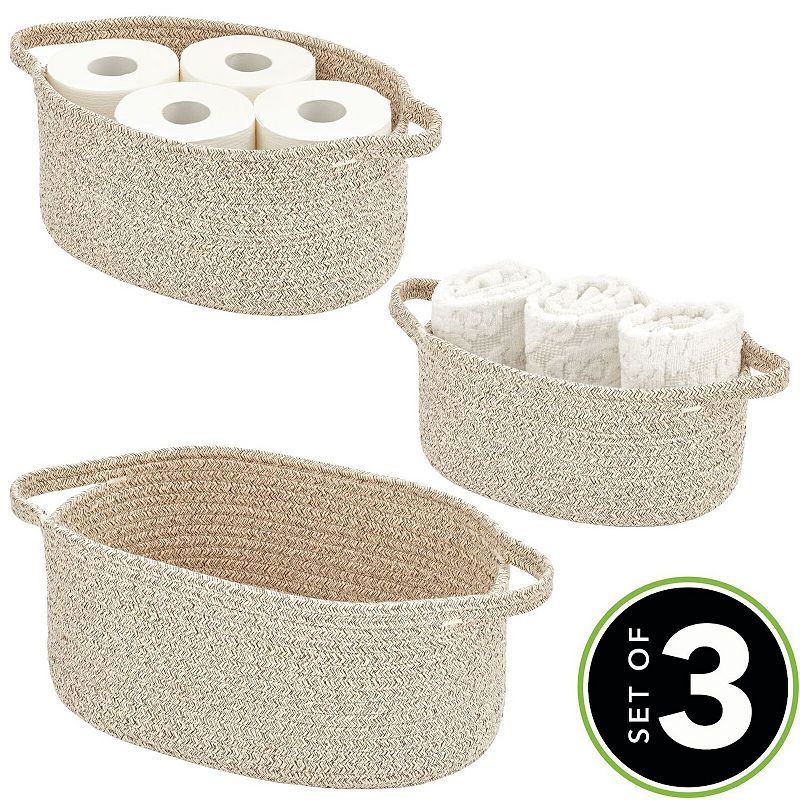 mDesign Casual Cotton Rope Woven Bathroom Storage Basket with Handles， Set of 3