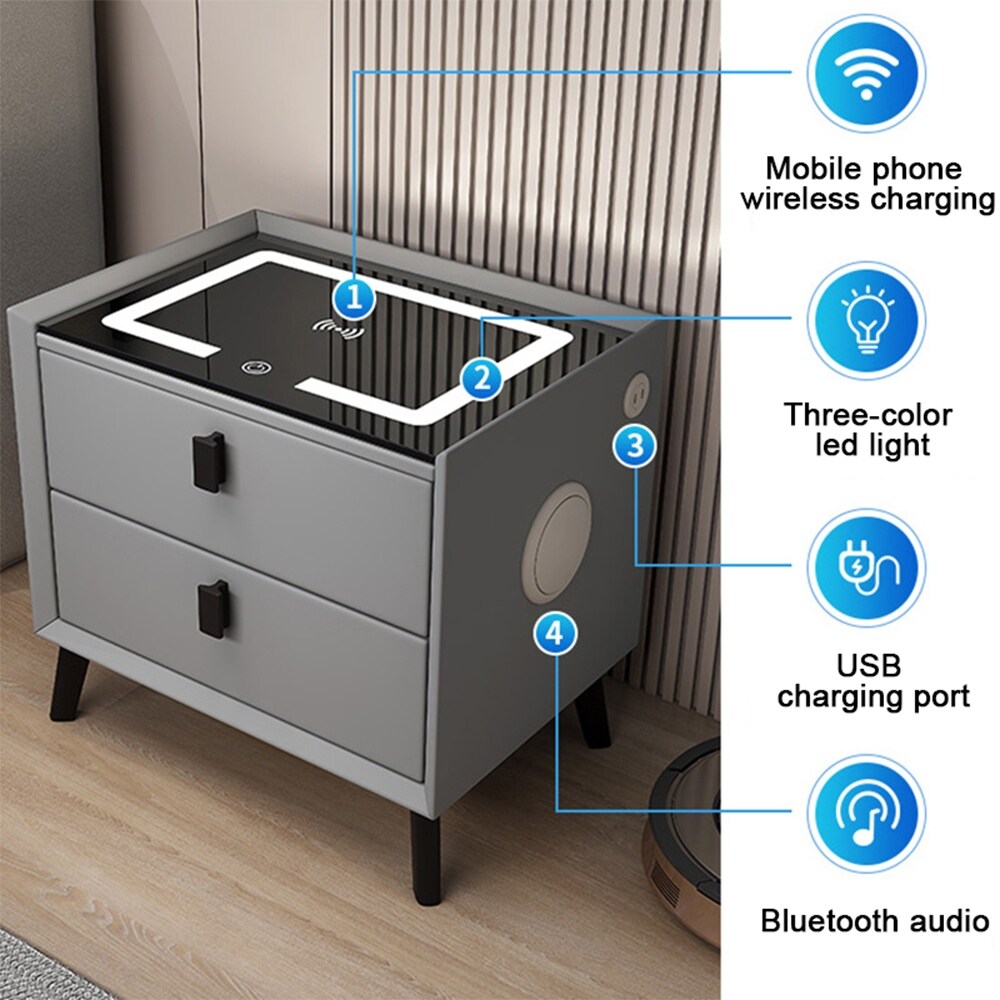 Solid Wood Smart Nightstands with Wireless Charging Station  USB Port  3 Color LED Lights and Speaker