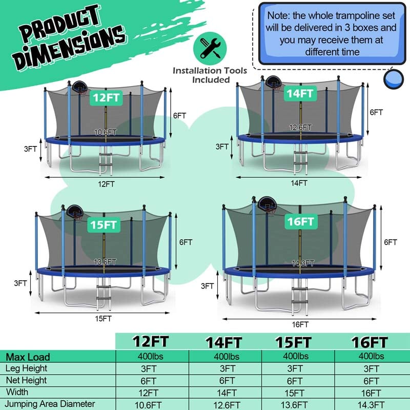 12/14/15/16 FT ASTM Approved Outdoor Recreational Trampoline with Basketball Hoop & Internal Enclosure Net