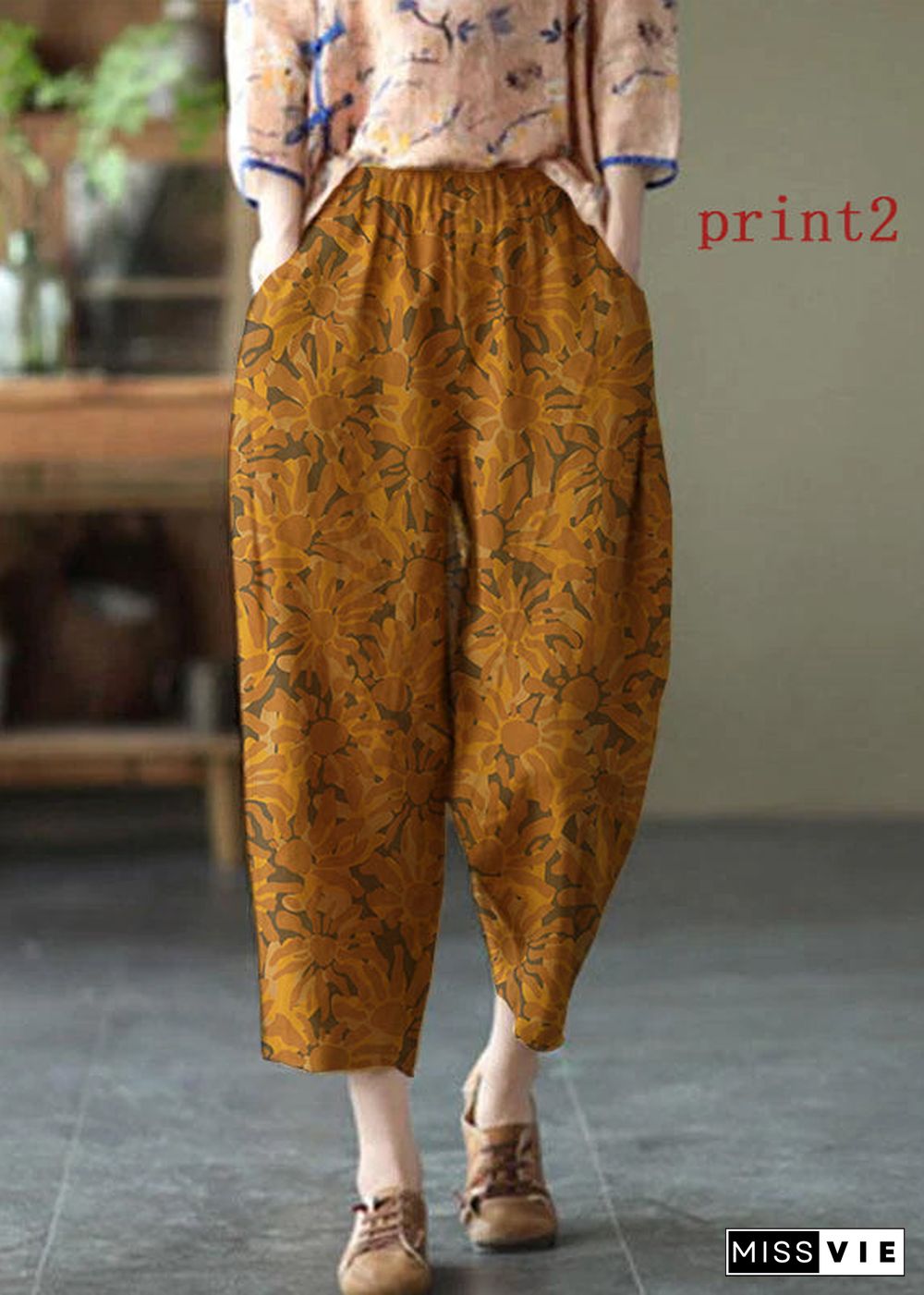 Natural yellow-half pattern Elastic Waist Summer Linen Harem Pants