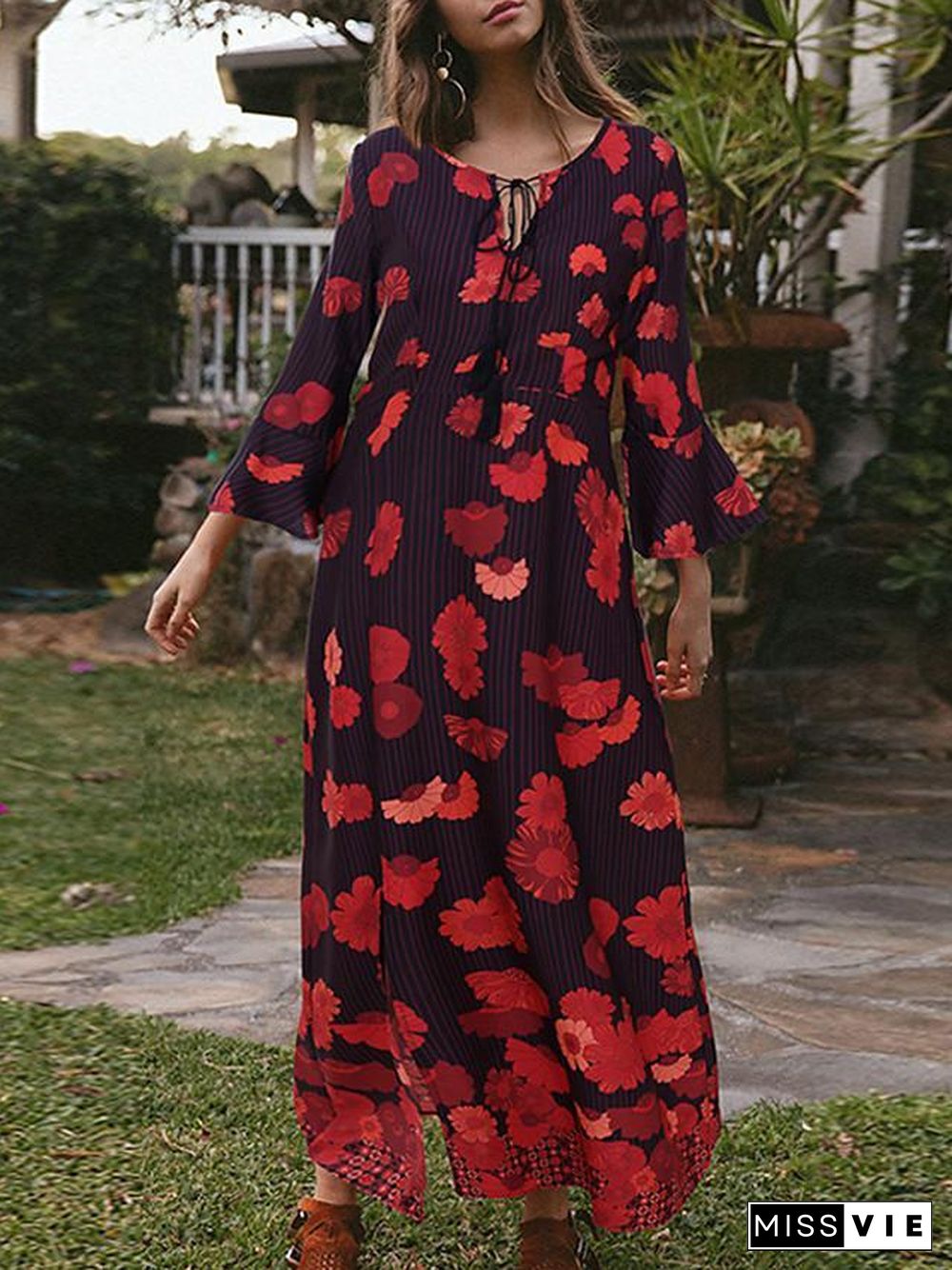 Women's T Shirt Dress Tee Dress Maxi long Dress - Long Sleeve Floral Split Patchwork Print Spring Fall Casual Red Orange S M L XL Black Dresses