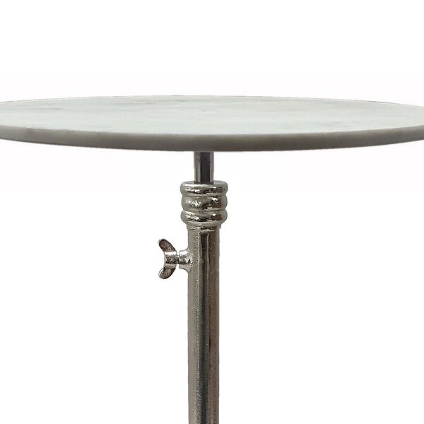 24 Inch Side Table， Aluminum Frame， Smooth Marble Top， Pedestal Base， White