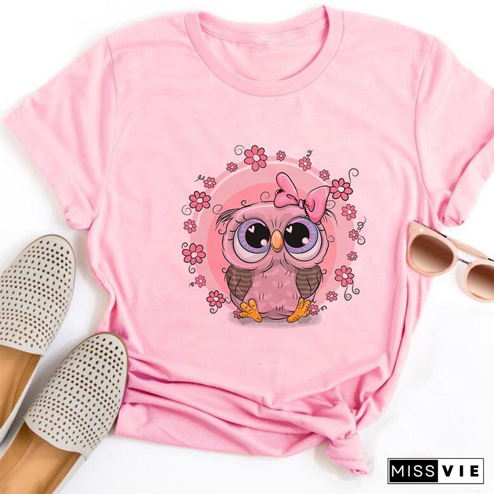 Gothic Women Cute Owl Printed T-Shirt All Seasons Fashion Thin Short Sleeve Tees Harajuku Casual Pink Top Female Clothing Tshirt