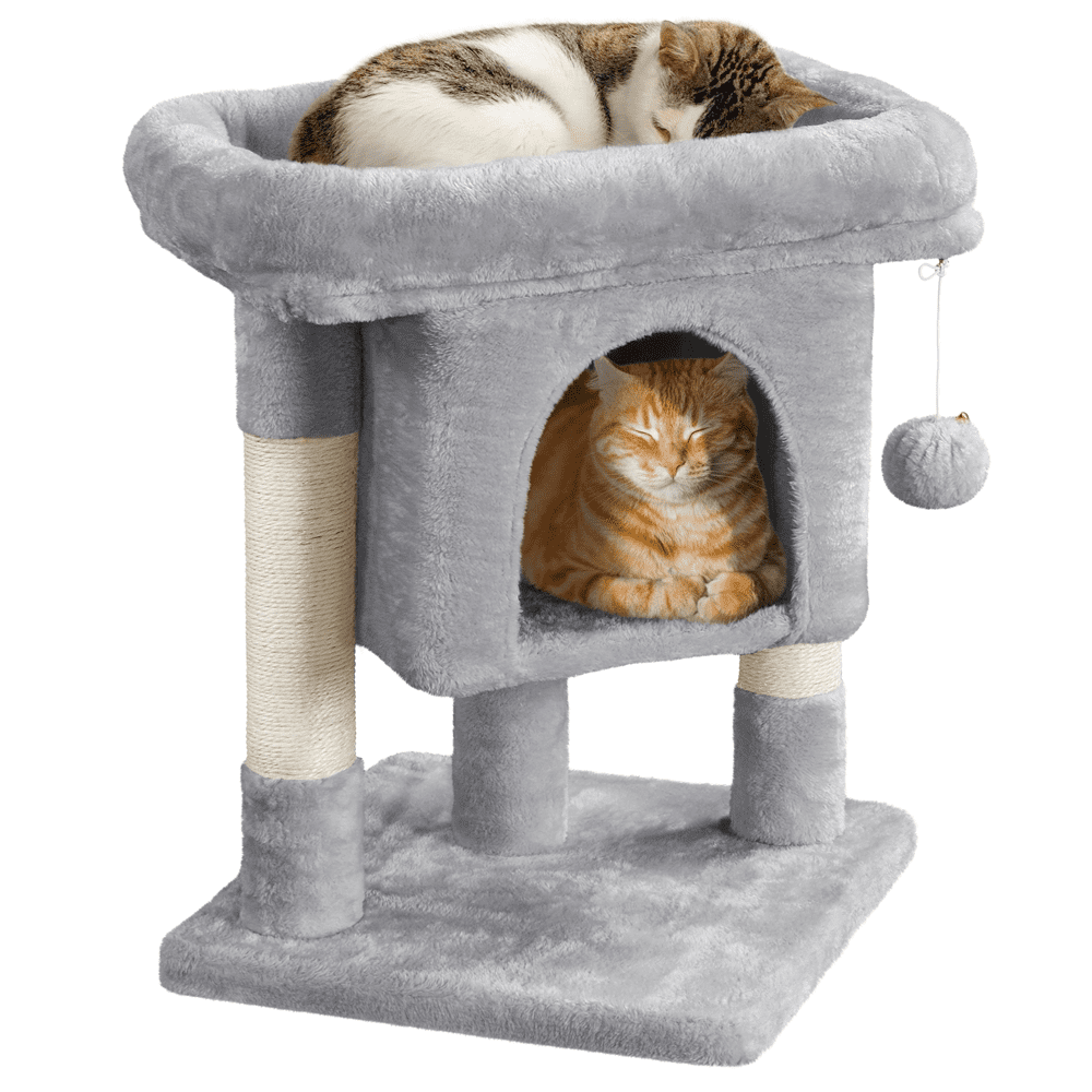 Easyfashion 2-Level Cat Tree Kitten Condo House with Plush Perch， Light Gray