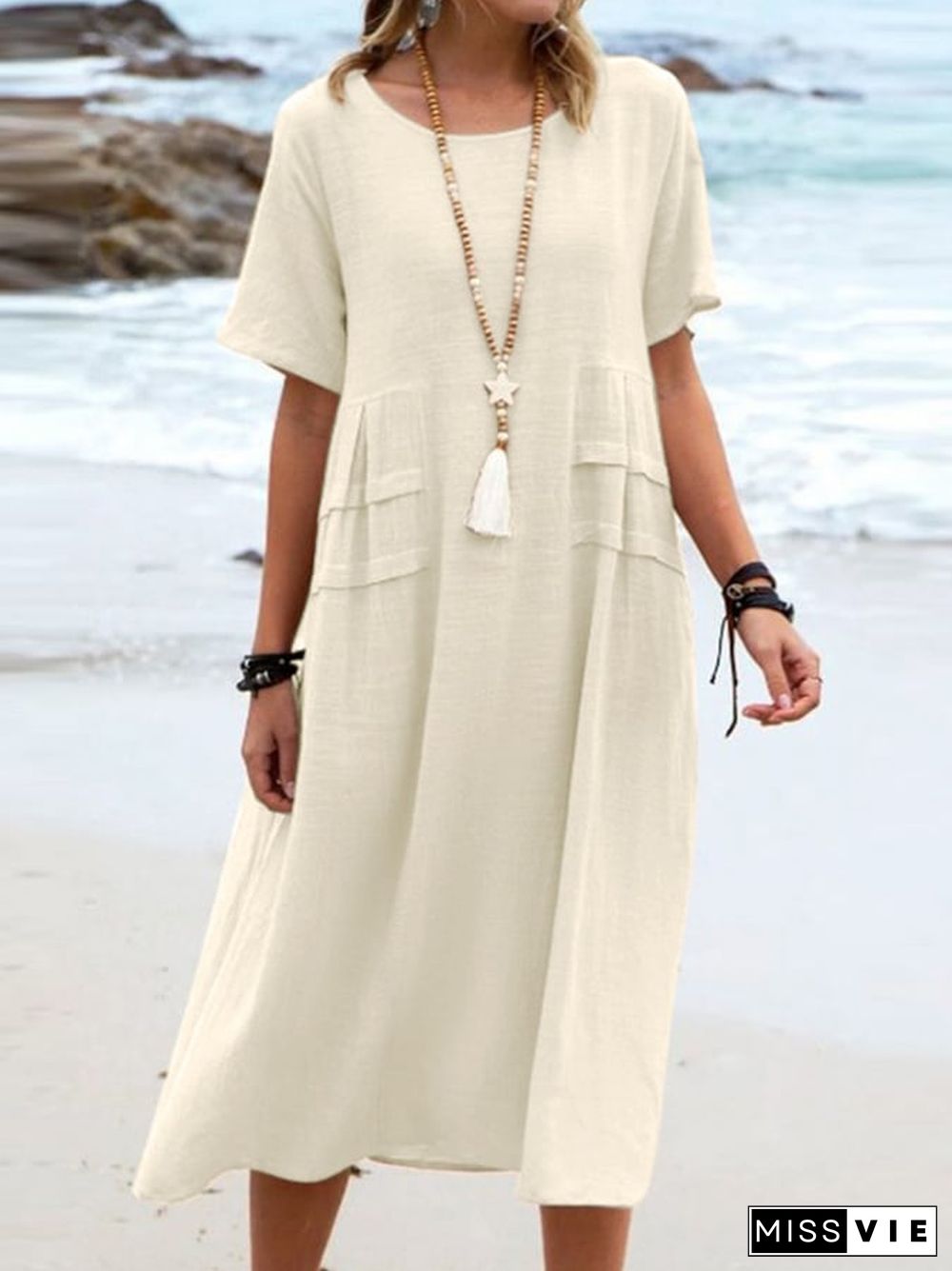 Loose Casual Cotton Linen Solid Color Mid Length Dress