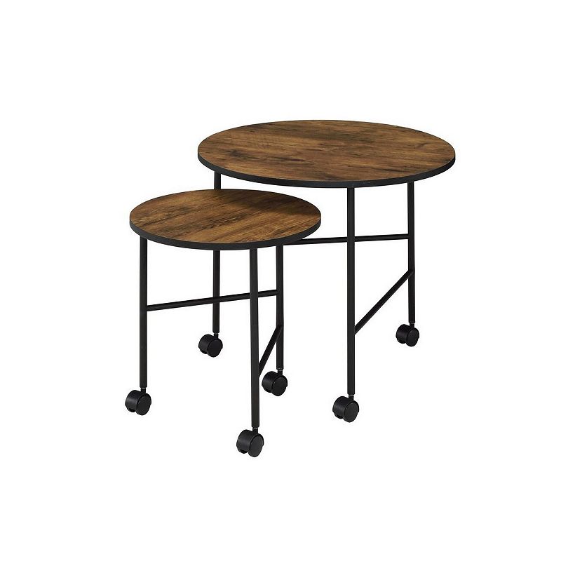 2 Piece Round Nesting End Table with Casters， Oak Brown and Black