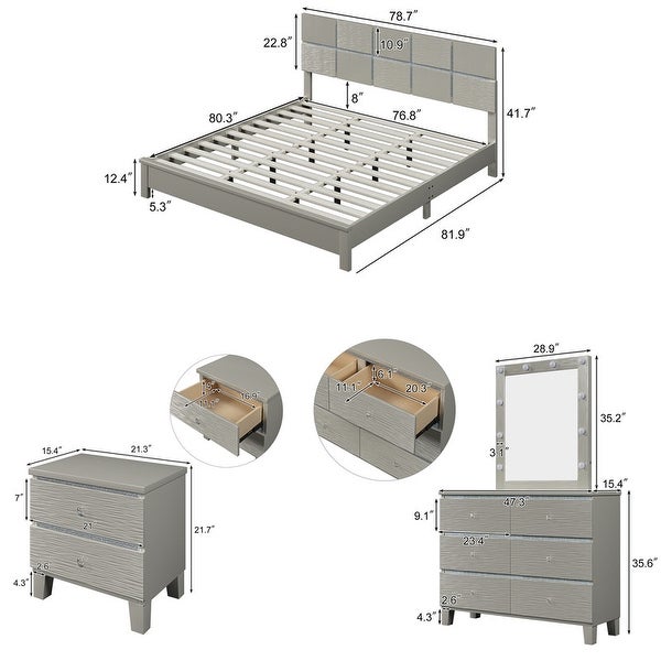 5-Pieces Champagne Silver Wooden Bedroom Sets - - 37893685