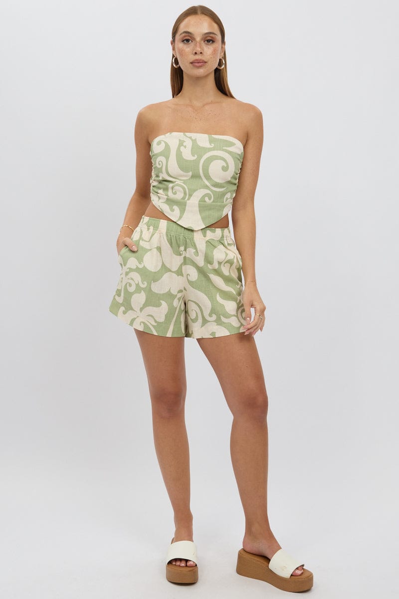 Green Abstract Crop Top Strapless Scarf Linen Blend