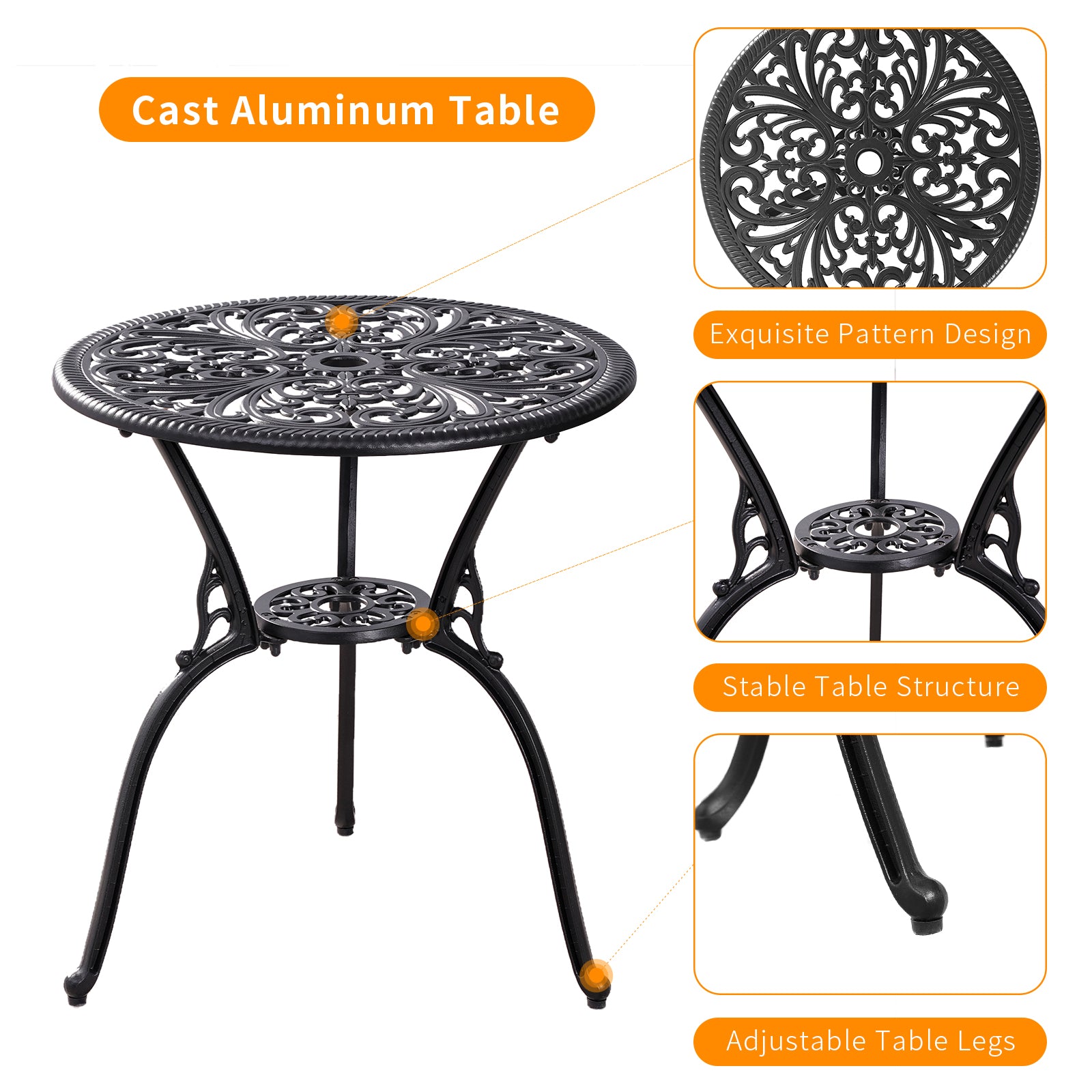 Withniture 3 Piece Patio Bistro Sets Cast Aluminum Bistro Table Set Outdoor Patio Furniture with Umbrella Hole for Patio Set Black