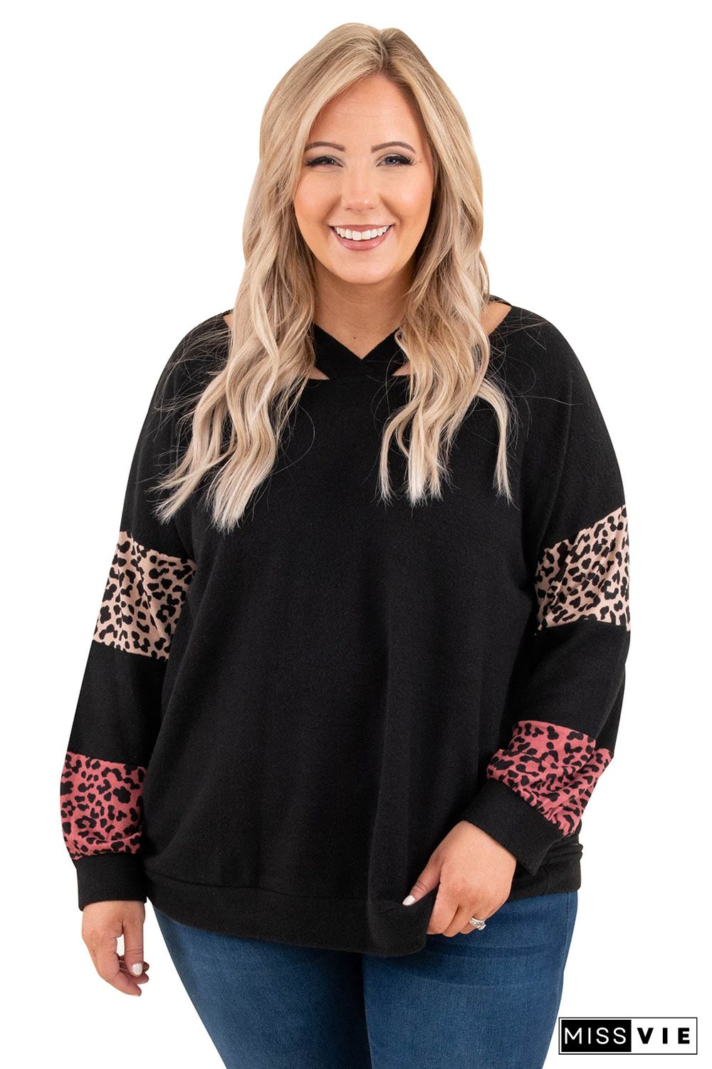 Black Plus Size Leopard Patchwork Strappy Neck Top