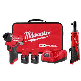 MW M12 FUEL 12-Volt Lithium-Ion Brushless Cordless 14 in. Hex Impact Driver Kit with M12 38 in. Ratchet 3453-22-2457-20