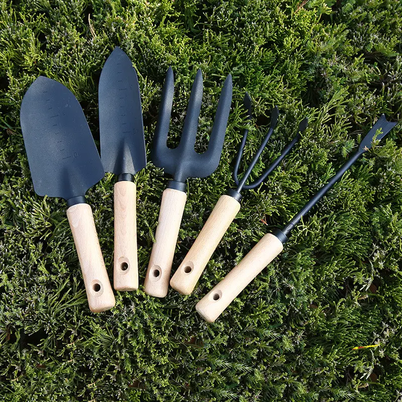 Hot Selling 5 Piece Wooden Floral Garden Hand Tools Set Kit Stainless Steel High Quality Shovel Tool Sets For Home Outdoor