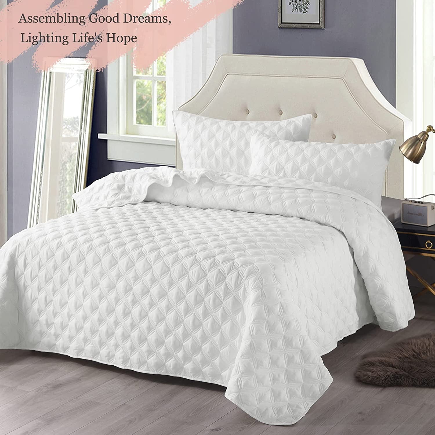 Exclusivo Mezcla Bed Quilt Set King Size for All Season， Stitched Pattern Quilted Bedspread/ Bedding Set/ Coverlet with 2 Pillow shams， Lightweight and Soft， White