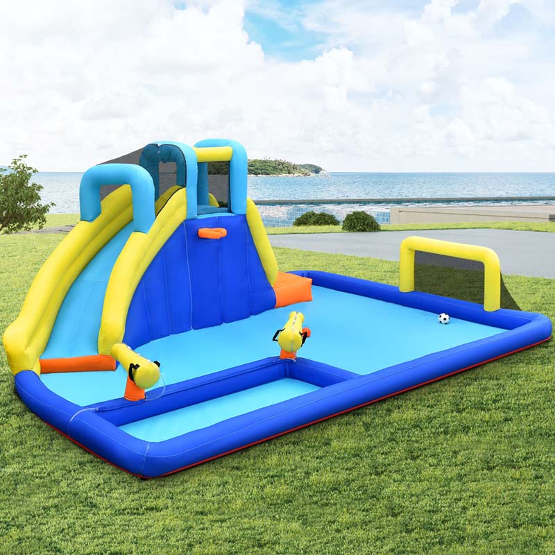 6-in-1 Kids Giant Water Park Inflatable Water Slide Bounce House with Large Soccer Splash Pool, Water Cannons, Climbing Wall