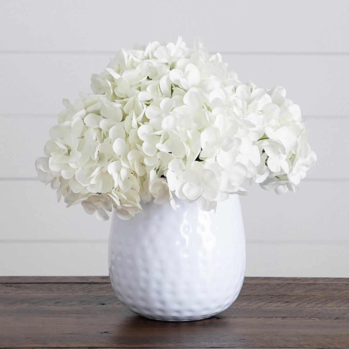 11” Artificial Hydrangea Arrangement in White Metal Vase