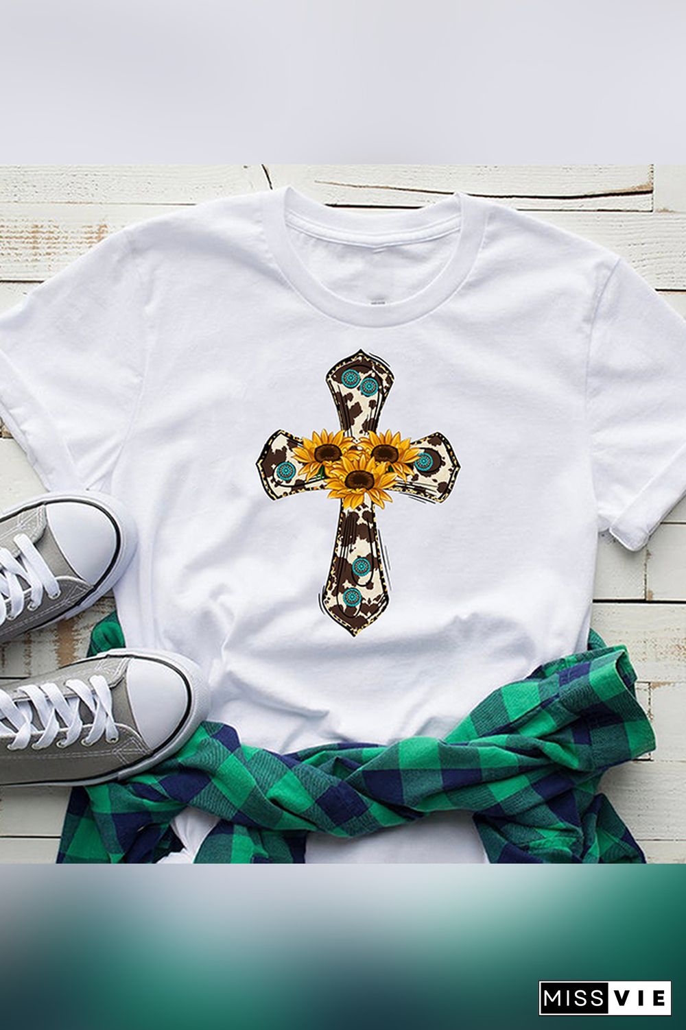 Cowhide,Sunflower Cross Short Sleeve Graphic Tee Top Wholesale