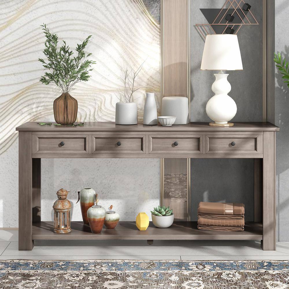 ANBAZAR 63 in. Gray Wash Rustic Wood Rectangle Console Table for Entryway Hallway Sofa Table with 4-Drawers and 1-Bottom Shelf 01516ANNA-E