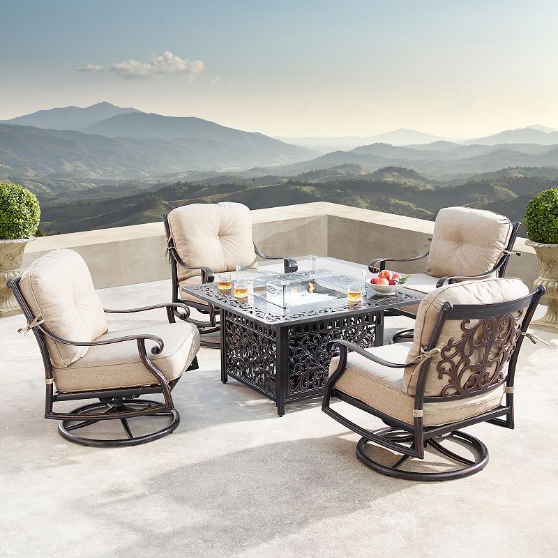 Outdoor Square Fire Table and Swivel Rocking Chair 5-piece Set