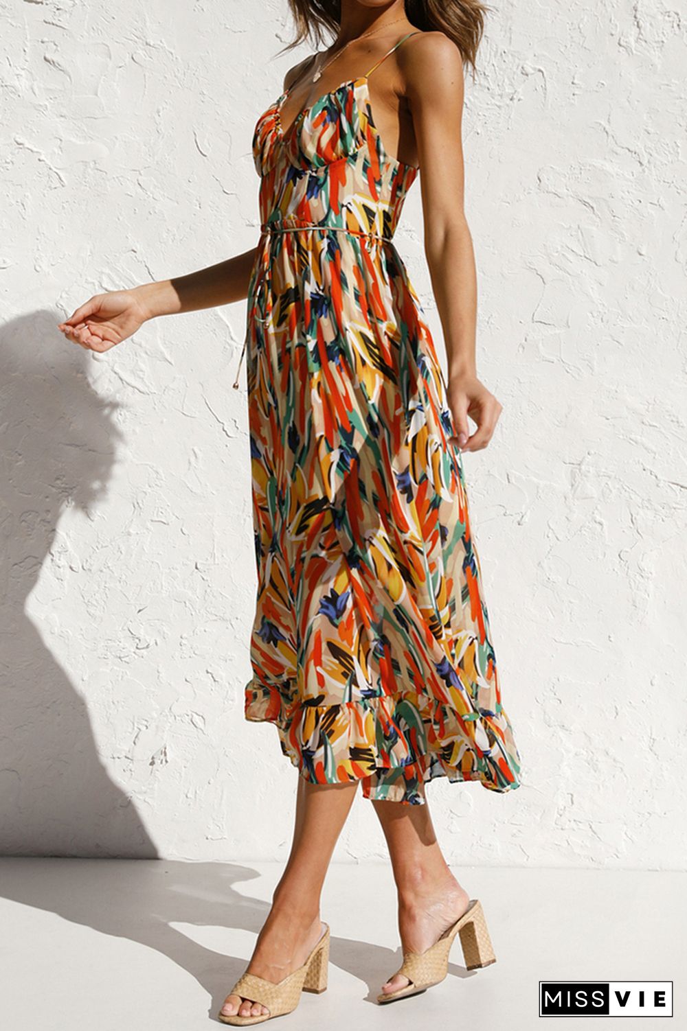 V Neck Halter Print Midi Dress Wholesale