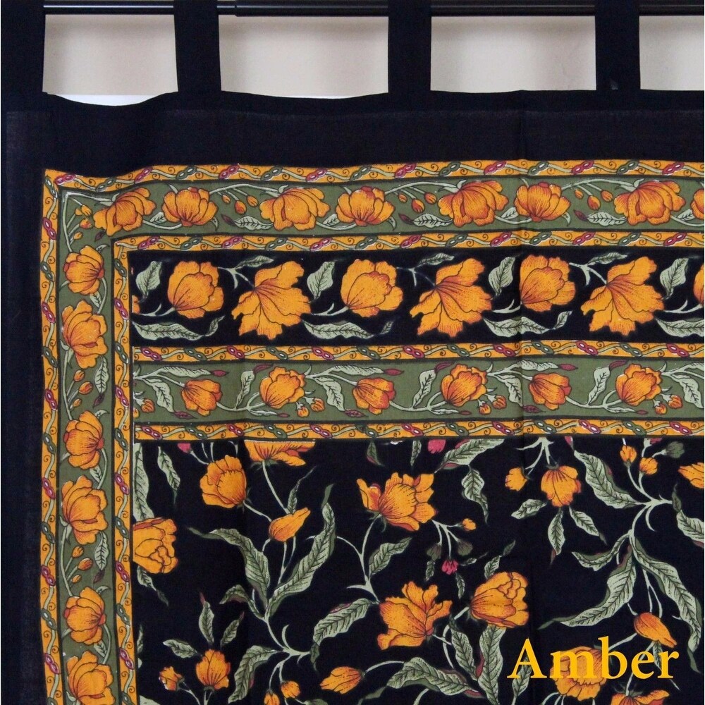 Handmade French Floral Tab Top Curtain 100% Cotton Drape Door Panel in Ivory Blue Black Amber   Violet   44 x 88