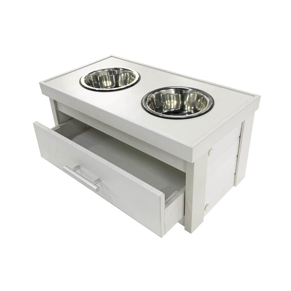 New Age Pet ECOFLEX Piedmont 40 oz. 2-Bowl Dog Diner with Storage Drawer in Antique White EHHF304S