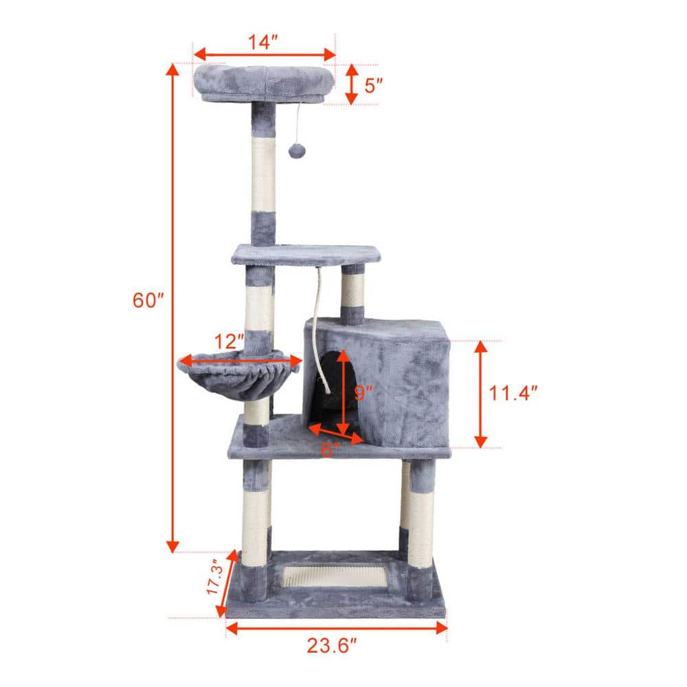 COZIWOW 58.3 in. Cat Tree 4-Tier Tower Kitty Play House Scratching Posts Gray CW12A0324