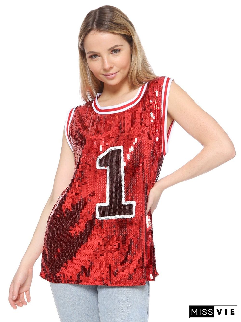 Sparkle Glitter Hip Hop Number 1 T-Shirt Top Blouse Tunic Sequins Basketball Tank Vests