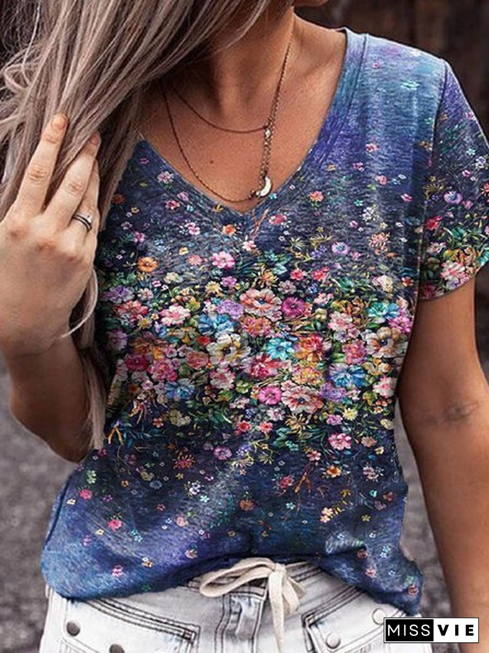 Women's Floral V Neck Floral-Print Short Sleeve Casual T-shirt