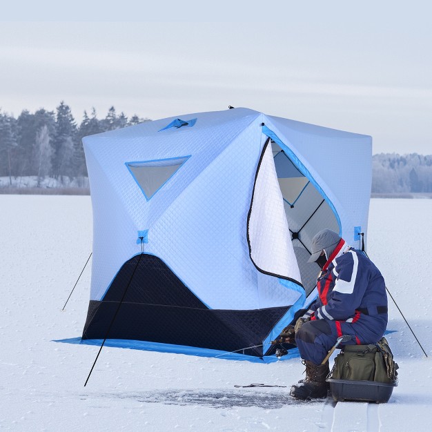 Outsunny 4 Person Ice Fishing Shelter With Padded Walls Thermal Waterproof Portable Pop Up Ice Tent With 2 Doors Light Blue