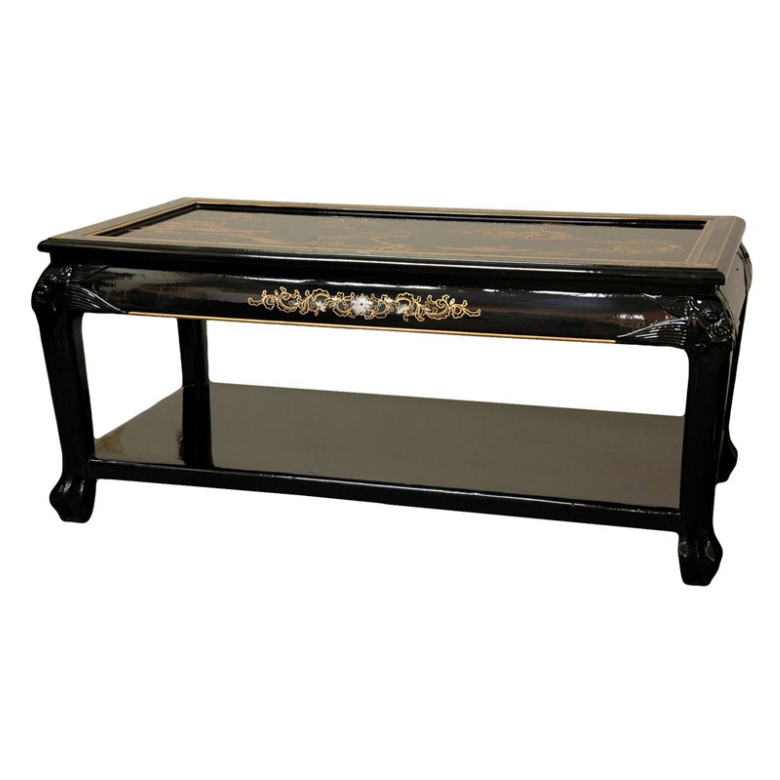 Oriental Furniture Lacquer Coffee Table with Shelf, Black Landscape