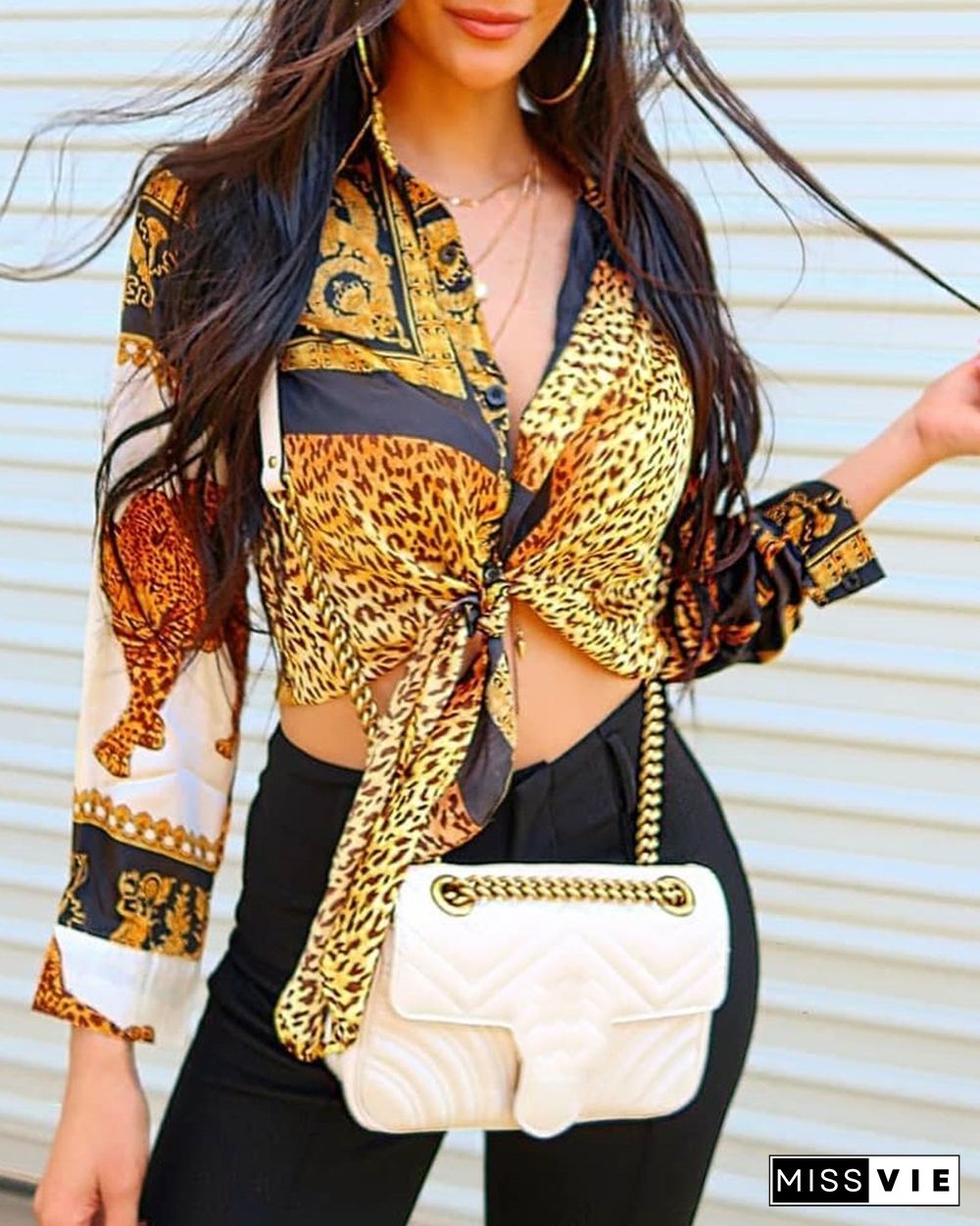 Leopard Print Knot Front Long Sleeve Blouse