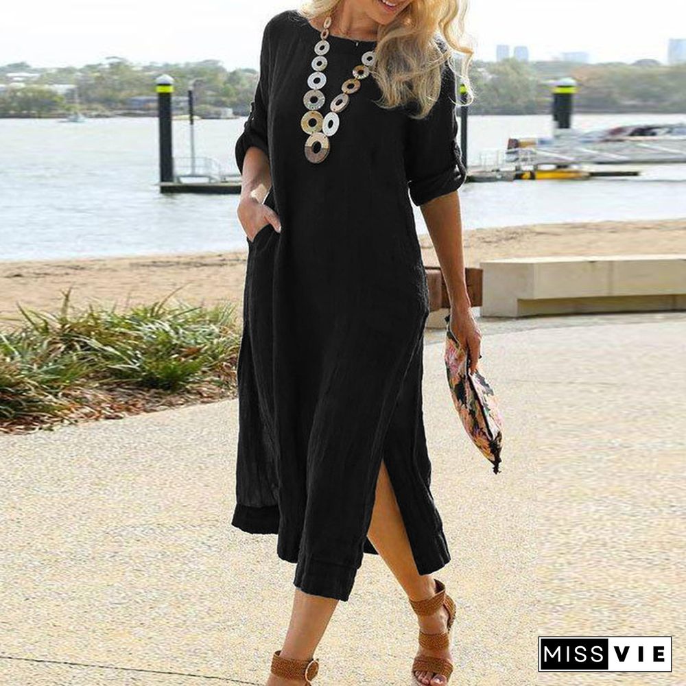 Cotton Casual Retro Long Shirt Dress Long Sleeve Hem Slit Skirt