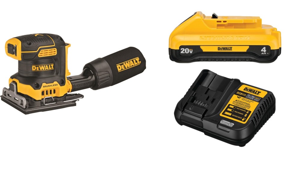 DEWALT 20V MAX XR Sander 1/4 Sheet Variable Speed with Compact 4Ah Battery Starter Kit Bundle ;