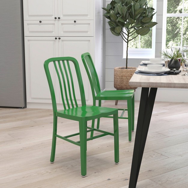 Merrick Lane 18 Inch Green Galvanized Steel Indoor outdoor Dining Chair With Slatted Back And Powder Coated Finish