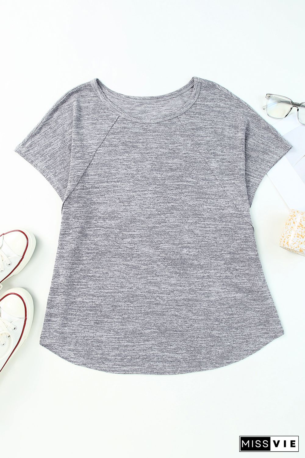 Gray Loose Slouchy Knitted Raglan Sleeves T-shirt